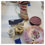 Brass Apple Bell, Swirl Glass Pitcher,