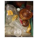 Glass Pitcher, Wood Cover Container