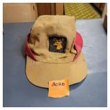 Vintage Tan Canvas Hunting Cap, Red Brim, Patch