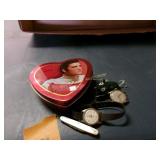 Fishing Lure, 2 Watches, Elvis Tin, Pocket Knife