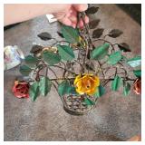 Decro  Vtg Toleware Metal Basket with painted rose