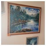 Framed Blue River and Woodland  Landscape Wall Art