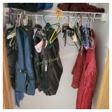 Closet Contents Garment Bags, Suede Coat, Shoes