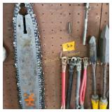 Vtg Soldering coppers, chain saw blade, battery
