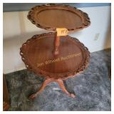 Vtg two tier wooden dumbwaiter table with ornate