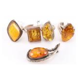 Lot of 4 Amber Rings & Pin.