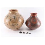 2 Native American Pots & 5 Tiny Baskets.