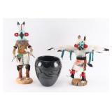 Lot of Blackware Pot and 2 Kachinas.