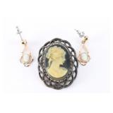 Cameo Pin and Opal Earrings