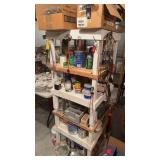 5 ft tall wood shelf unit, with the contents,