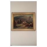 Vintage framed farm scene print, and a golden