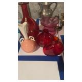 Five pieces, Ruby, red and cranberry glass, and a