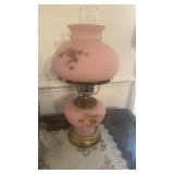 Two light vintage table lamp, and a pink glass,