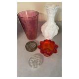 Three glass flower bases, purple glass with dots,