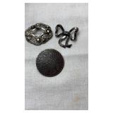 3 Mark Sterling silver brooches, Aztec calendar