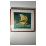 Vintage framed print of a Viking ship, courtesy