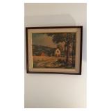 Framed vintage 1940s print farmhouse in the