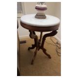 Antique walnut side table with a white marble