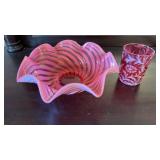 Antique cranberry and opalescent glass, 10 inch