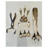 6 sterling silver small salt spoons & sugar tongs