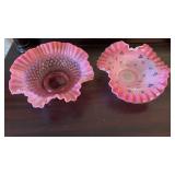 Two antique pink and white glass bowls, ruffled