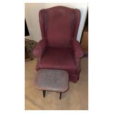 Burgundy wingback armchair and footstool, both