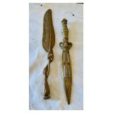 2 antique brass letter openers, one solid, brass,