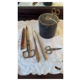 Sewing items, antique leather string holder box