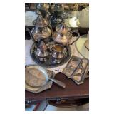 9 pieces of silver plate, four piece tea set with