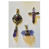 3 sterling silver pendants with purple, amethyst,