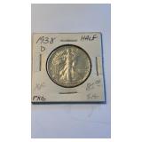 1938 D US silver half dollar, walking liberty,