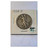 1938D US silver half dollar coin, walking