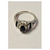 White gold ladies ring , blue & clear stones , 10