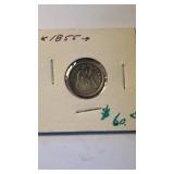1855 US silver dime coin, $.10 seated liberty
