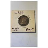1836 US silver quarter dollar, $.25 coin no motto