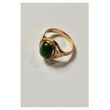 18 K gold ring with green jade set stone ,
