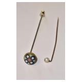 2 antique stick pins, round, glass, micro mosaic,