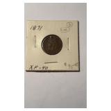 1871 US One Cent coin , marked XF 40 , grade