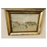 Antique gold framed original watercolor, seaside