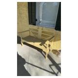 Two person, wood bench, painted yellow, on the