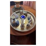 Tray lot, blue, and white porcelain, two bunny,