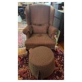 Burgundy and gold wing back chair, with matching