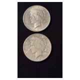 2 two US Peace silver dollar coins , 1923 , 90 %