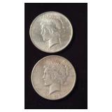 2 two US Peace silver dollar coins , 1923 , 90 %