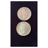 2 two 1922 US peace 1 silver dollar coins , one