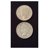 2 two US Peace silver dollar coins , 1923 , 90 %