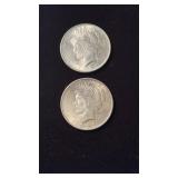 2 two US Peace silver dollar coins , 1923 , 90 %