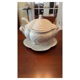 White ceramic soup tureen  with under tray