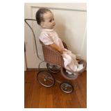 Antique wicker, doll, pram, baby carriage, with