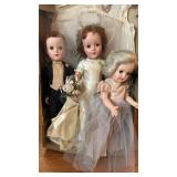 Antique bride and groom and bridesmaid dolls, all